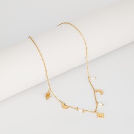 KEYUN Pearl Choker Necklaces for Women 18K Gold Plated Freshwater Pearl Moon Star Charm Necklace Simple Fashion Everyday Gold Jewelry for Women Style2