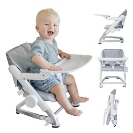 Feed Me Go 3-in-1 Travel High Chair Booster Seat for Infants and Toddlers - Transitional, Portable, Compact & Fits Any Chair - Removable Tray - Gray