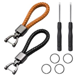 COACOM 2 Pieces Leather Keychains with 1 Piece Screwdriver, 4 Pieces Key Round Buckles Car Key Chain, Woven Leather Keychain, Car, House Keychain, black, brown