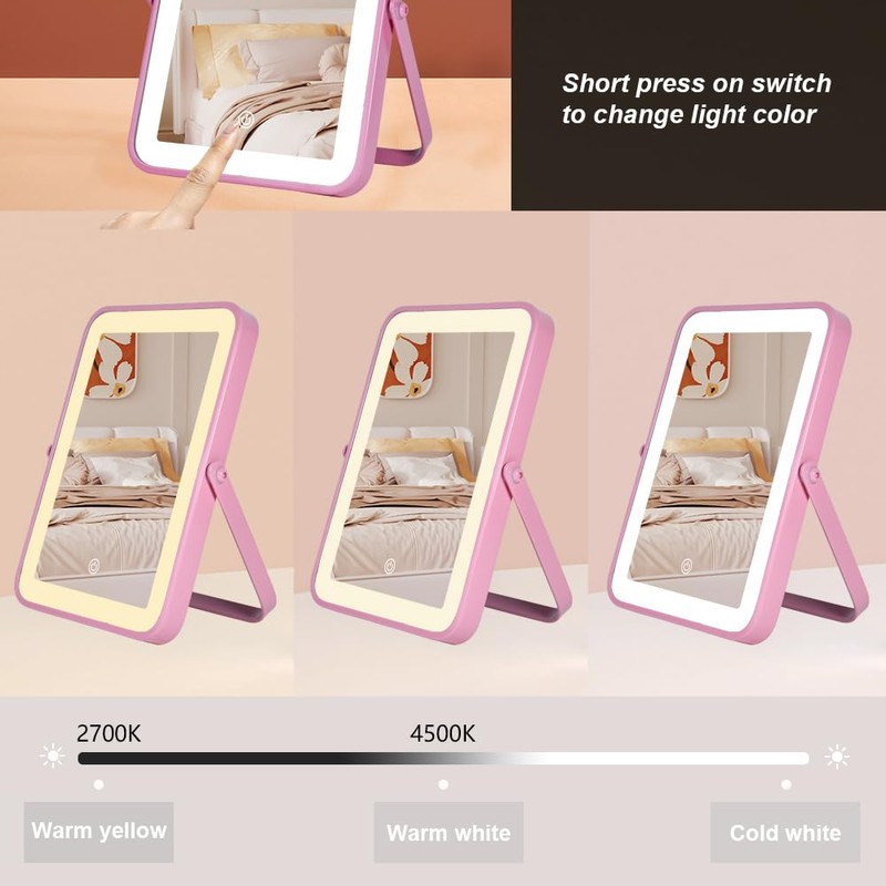 YEKKOPT Pink Rechargeable Vanity Mirror with Lights, 10"×7" LED Makeup