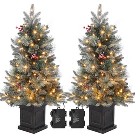 3ft Christmas Tree, Pre-Lit Artificial Christmas Tree with 78 Led Lights, Snowflakes and Red Berries, Xmas Tree with Black Square Base for Bedroom, Living Room, Office, Outdoors