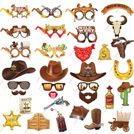 West Cowboy Photo Booth Props - 33PCS Country and Western Party Decorations Hats Boot Glasses Paper Handheld Selfie Props Carnival West Style for Wild West Cowboy Themed Party Supplies