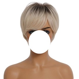 Vctitil Ombre Blonde Pixie Cut Wigs Synthetic Short Pixie Haircut Wig with Fluffy Bangs Layered Wig for Women Natural Straight Short Blonde Wig Dark Root Blonde Wig