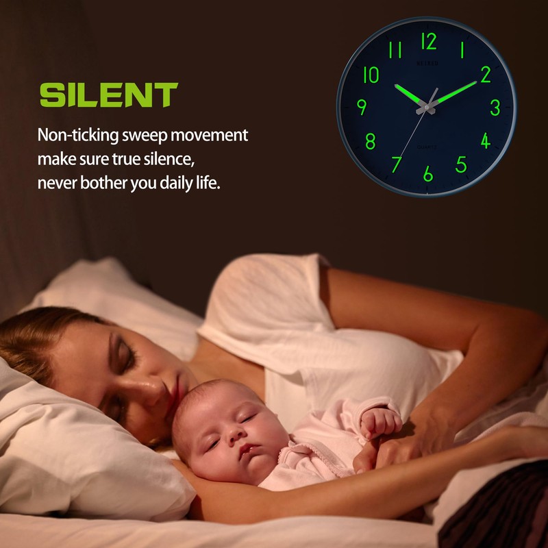 MEIRED Night Light Wall Clock 12 Inch Silent Non Ticking