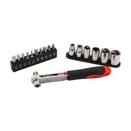 E-Value ERD-126 Ratchet Screwdriver Set, 2-Way Head for Narrow Locations, Allows Bits and Sockets to be Attached, Equipped with Ratchet Function