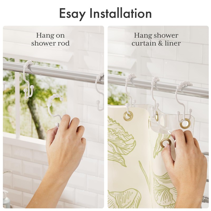 Amazer Plastic Shower Curtain Hooks, Double Shower Curtain Rings, Shower
