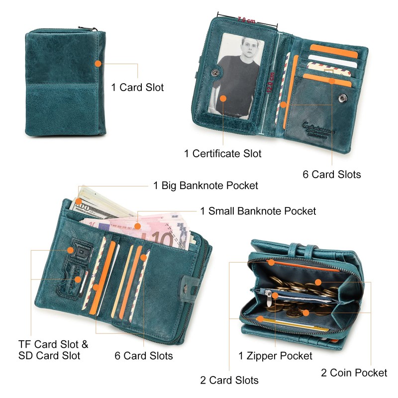 Contacts Women's Genuine LeatherBifold/Trifold Coin, Card Holder, with Zip Pocket,