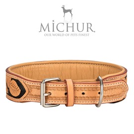 Michur Jose Leather Dog Collar, Beige Leather with Dyed Areas in Black and Black Stones