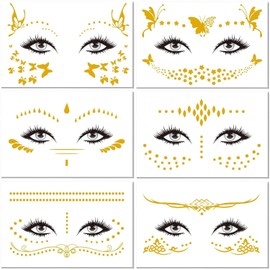 Face Tattoo Stickers, 6 Sheets Face Temporary Tattoos, Glitter Metallic Tattoo, Golden Glitter Tattoo Stickers, Gold Flash Makeup Tattoo Stickers, Face Glitter