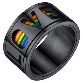 FaithHeart 11mm Stainless Steel Rainbow LBGT Pride Ring for Male Female Spinner Wedding Engagement Bands