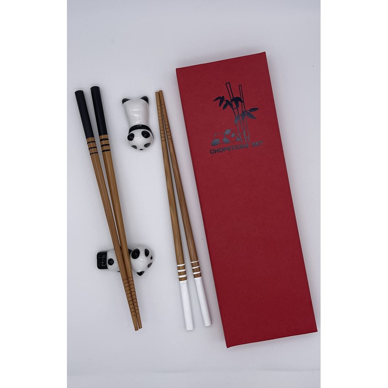 Sushi Chopsticks Set Panda 2 Pairs Including Ceramic Base Premium
