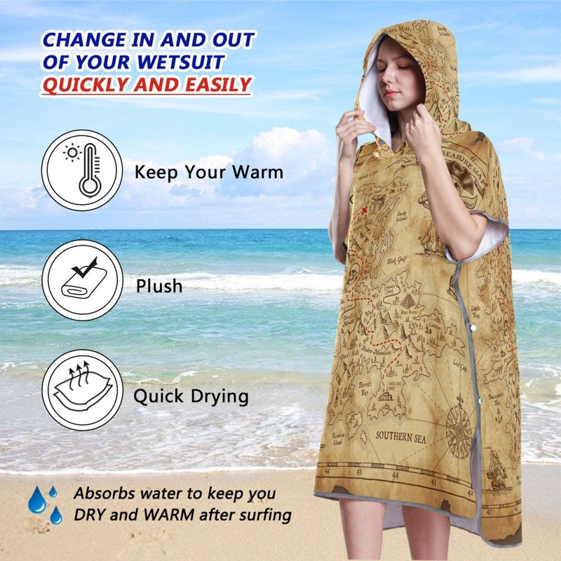 senya Surf Poncho Towel Hooded Beach Towel, Retro Antique Pirates