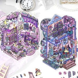 3D House Sticker Set of 4 with Tweezers, Sticker DIY Scene Seal, Collage Material, Paper Material, Miniature Model Sticker, Paper Doll House, 3D, Korean Style, Niche Decoration, Journal, Notebook (Vol