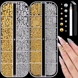Flatback Pearls and Metal Nail Beads for Nail Art (Silver+Gold), Luxurious Pearl Nail Charms and Small Round Caviar Beads Nail Accessories for Acrylic Nail Tips Manicure Decor