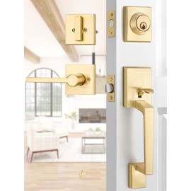EHOMEWARE Gold Front Door Handle Set, Brass Heavy Duty Square Door Lever & Single Cylinder Deadbolt Combo Reversible for Entrance Exterior Doors 2 Sets