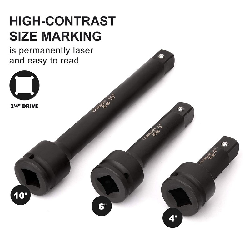 CASOMAN 3/4” Drive Impact Extension Bar, Cr-Mo Steel,3-Piece Set 4”,