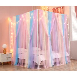 Akiky Canopy Bed Curtains with Lights 4 Corner Post Bed Canopy for Adults Girls, Rainbow Bed Drapes Netting-8 Panel Curtains,Twin