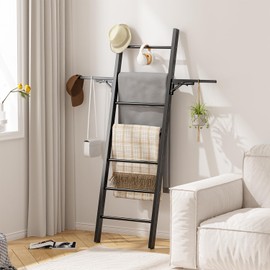 Metal Blanket Ladder, 7-Tier Towel Rack with Ajustable Side Rack, Blanket Rack Stand for Living Room, Bathroom, Quilt Display Ladder Shelf, Farmhouse Black