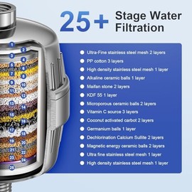 25 Stages Shower Filter with 3 Cores - Maximize Shower Sediment Filtration & Reduce 97.45% Chlorine in Shower Water - For Softer Skin & Shinier Hair - Model SA-001