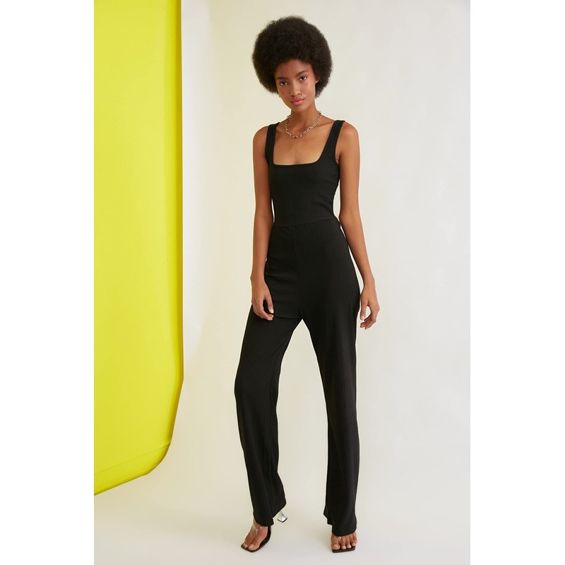 TRENDYOL Women's Back Decollted Knitted Jumpsuit Jumpsuit, black