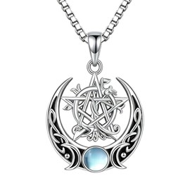 CRMAD Triple Moon Pentacle Necklace Moonstone Wiccan Celtic Knot Pentagram Pendant Pagan Witch Jewelry for Women Men