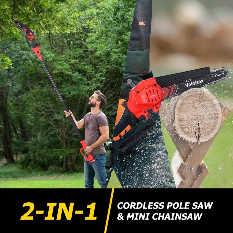 Velotrex 2-IN-1 Cordless Pole Saw and Mini Chainsaw, 8 Inch