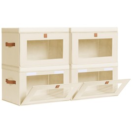 Homsorout Collapsible Storage Bins - Large Closet Organizer with Handles & Window, Decorative Storage Boxes, Fabric Containers for Living Room, Dorm, 4 Pack, Beige