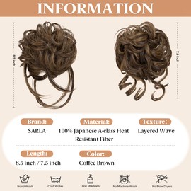 SARLA 2PCS Brown Messy Bun Hair Pieces for Women Detachable Claw Clip Wavy Curly Synthetic Hairpieces for Updos with Tendrils Fake Scrunchies Ponytail Extension Coffee Brown