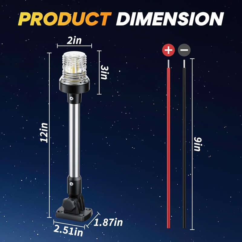 12 Inches Anchor Light Stern Light, White Navigation Lights for