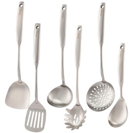 304 Stainless Steel Kitchen Utensils Set, 6 Pcs Metal Professional Cooking Spoons, Kitchen Tools - Wok Spatula, Ladle, Skimmer Slotted Spoon, Pasta Spoon, Serving Large Spoon, Slotted Spatula Tunner