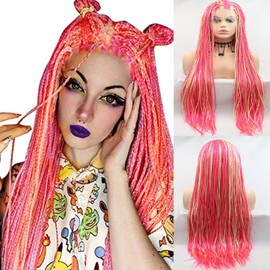 Pink 613 Blonde Braided Wig Long Highlight Pink Glueless Lace Front Wigs for Women Pre Plucked Hairline Micro Box Knotless Braid Wig Colorful Lace Frontal Real Hair Wigs Anime Drag Queen 26Inch