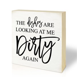 5“ Natural Wooden Block Sign, The Dishes Are Looking At Me Dirty Again, Rustic Wood Plaque For Kitchen, Housewarming Gift For Friends & Families, Home Office Tabletop Decoration & Supplies - A01