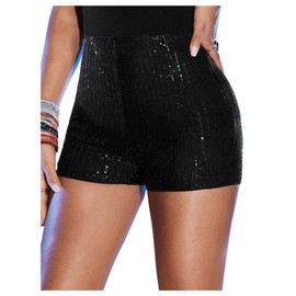 MakeMeChic Women's Y2K Party Sequined Shorts Glitter Straight Leg Elastic Waist Skinny Fit Mini Shorts Black Small