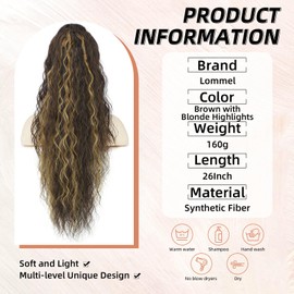 Lommel Ponytail Extension Claw Clip in Ponytail Extensions for Women 26Inch Long Wavy Pony Tails Hair Extensions Natural Looking Synthetic for Daily Use(Brown with Blonde Highlights)