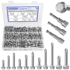 500Pcs #8#10#12#14 Self Drilling Screws Assortment Kit, Hakkin 410 Stainless Steel Self Tapping Tek Screw for Metal Wood, Self Tapping Sheet Metal Screws Kit, Length 1/2" to 2", Hex Socket Included
