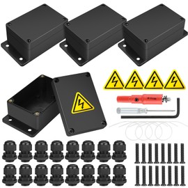 Junction Box, Pack of 4 Junction Boxes, Black, IP65 Outdoor Waterproof Junction Box, Surface-Mounted Junction Box with 16 Cable Glands for Electrical Installations, Indoor and Outdoor Use, 100 x 68 x
