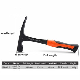 YUMILI Geologischer Meißelhammer 850g, Professioneller Geologischer Hammer Flachkopf Gesteinshacke Outdoor Geologie Mineral Exploration Werkzeug Länge 285 mm