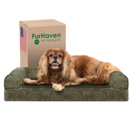 Furhaven Cooling Gel Dog Bed for Medium/Small Dogs w/ Removable Bolsters & Washable Cover, For Dogs Up to 35 lbs - Faux Fur & Velvet Sofa - Dark Sage, Medium