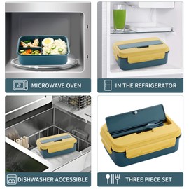 YAGGOOD Lunch Box, Bento Box for Kids Adults, Food Container with 3 Cutlery Set Compartments Lunchbox, BPA Free (Blue-Yellow)