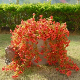 Rowfad 6 Pcs Artificial Hanging Mums Flowers Outdoor, Orange UV Resistant Fake Hanging Fall Plants for Outdoor Planter Patio Front Door Window Autumn Decoration (6, Orange)