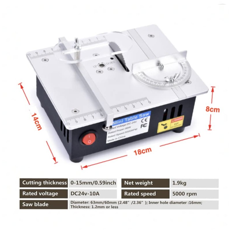 96W Precise Mini Table Saw, Adjustable Cut Depth and Angle,