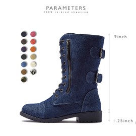 DailyShoes Women's Military Lace Up Buckle Combat Boots Mid Knee High Exclusive Credit Card Pocket, Blue Denim, 10 B(M)
