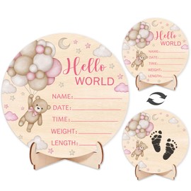 Andrain Double-Sided Wooden Newborn Birth Sign, Pink Bear Baby Announcement Sign, Girl Bear Hello World Name Sign for Hospital, Gift for New Mom Baby Shower, Photography Prop