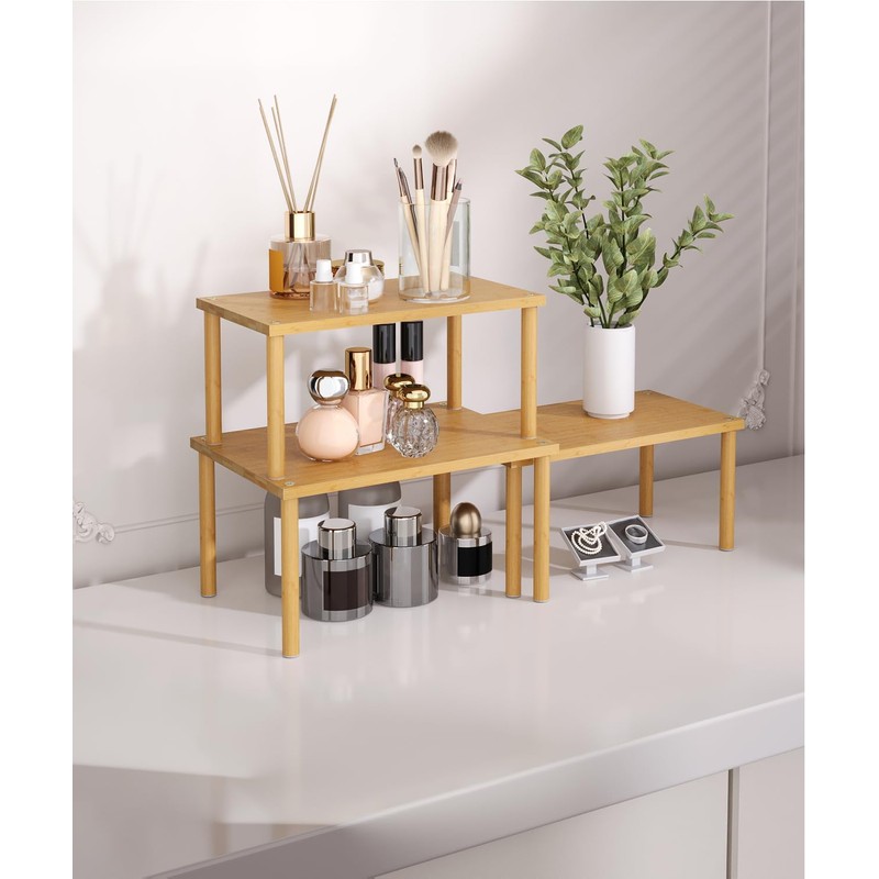 Danfoxer Cabinet Organizer Shelf(Set of 3),Bamboo Kitchen Counter Shelves for