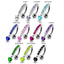 Black CZ Crystal Stone Round Gems Curved Reverse Bar with Heart Dangling 925 Sterling Silver Belly Ring Body Jewelry