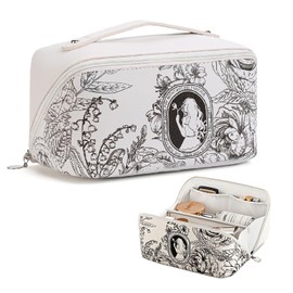Travel Makeup Bag，Flower Wide Open Cosmetic Bag，Makeup Organizer with Dividers and Handle，Large Capacity Waterproof Toiletry Bags，Portable Cosmetic Storage Bag Sweet Gift for Mother Girl Lady (White)