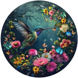 Wooden Puzzles for Adults, Hummingbird Jigsaw Puzzles 500 Pieces, Unique Shaped Round Flower Puzzles for Adults and Kids, Family Game 16.7 x 16.7 Inch
