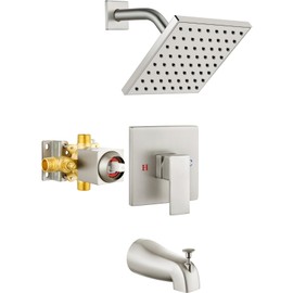 Heyalan Bathtub Shower Faucet Set,6 Inch Square Shower Trim Kit Single Handle Shower System,Showerhead and Handle Set Male Thread Pressure Balance Valve,With Tub Spout,Brushed Nickel