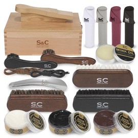 Shoe Polish & Leather Care Wooden Box (17 PCS) - Shoe Shine Kit with Horsehair Shoe Brush, Dauber Brushes, Shoe Horn, Buffing Cloths, Polishes & Wooden Box - Travel Essentials Shoe Polish Kit