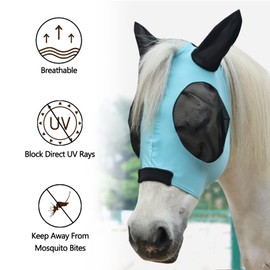 Gallopoff Stretchy Horse Fly Mask, No-Rub Comfort Fit, Skin-Safe Mesh Eyes & Ear Covers with UV Protection, Tangle-Free for Mane & Forelock, Enhanced Visibility Paleblue Pony